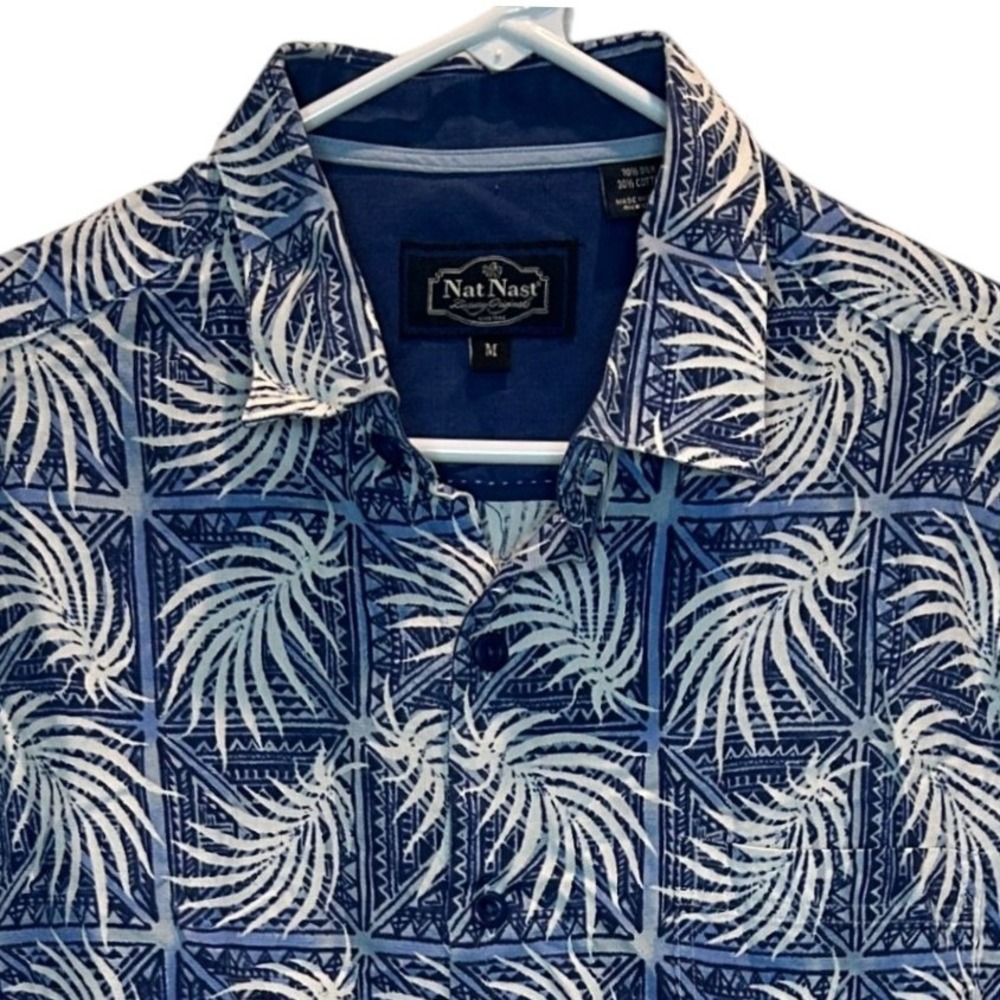 Nat Nast Silk Cotton Shirt Medium Mens Blue Palm Leaf Geometric Short Sleeve